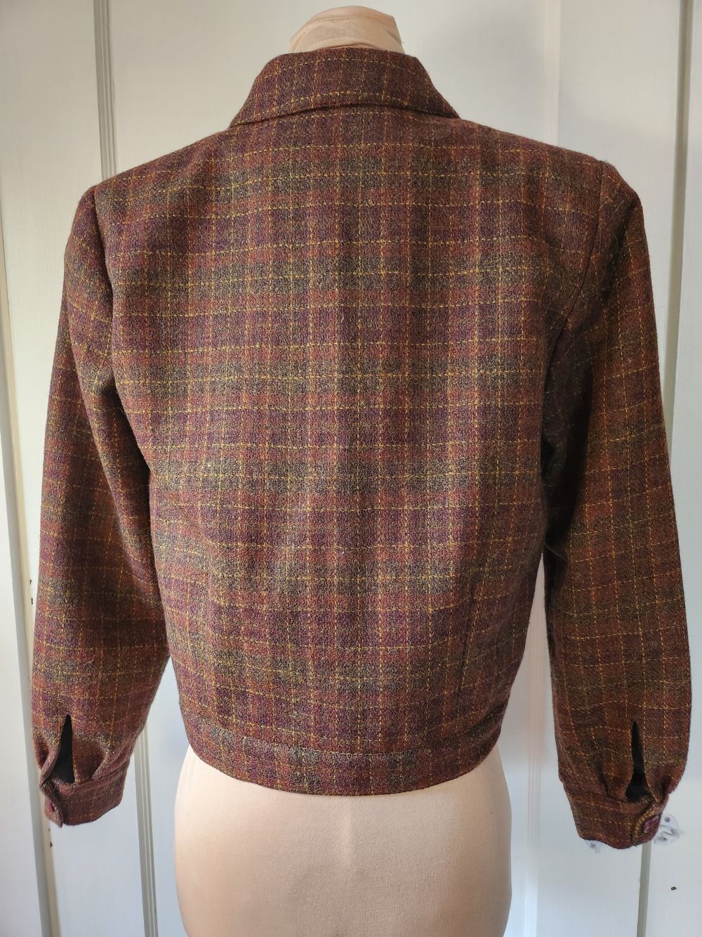Vtg 100% Wool Autumn Leaves Brown Checked Plaid Tweed Bomber Jacket - Picture 4 of 11